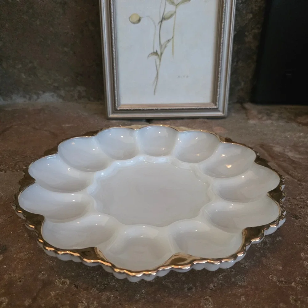 Vintage Milk Glass Deviled Egg Platter Gold Rim Scalloped Edge 12 Slot 10 Inch